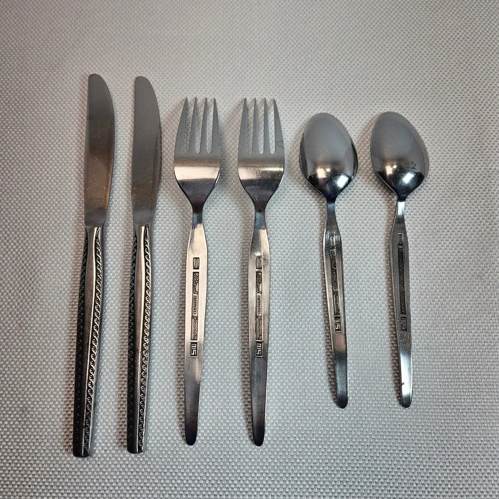 National Stainless Granada Flatware‎ Japan 6 Piece Set Knives Forks Spoons MCM